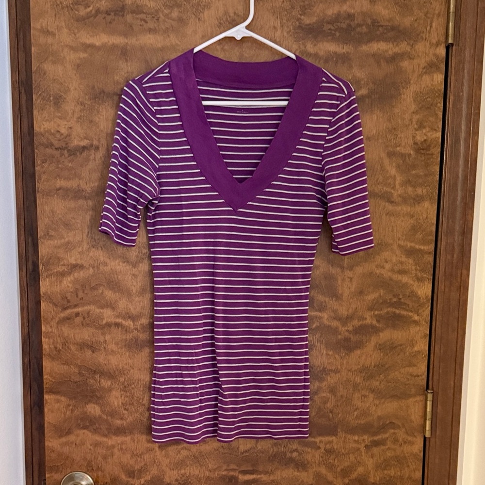 Express Purple and White Striped Pima Cotton V-Neck Tee